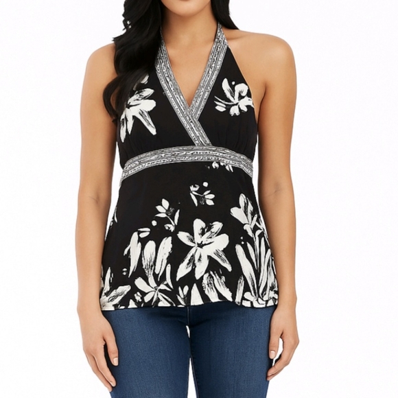 White House Black Market Tops - White House Black Market Blouse Silk Black & White Floral Halter Top Size M NEW
